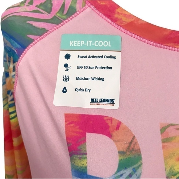 Women's 1x Reel Legends Top Pink Glo Sweeping Palms Almond Blossom Nwt $46. - Picture 3 of 8